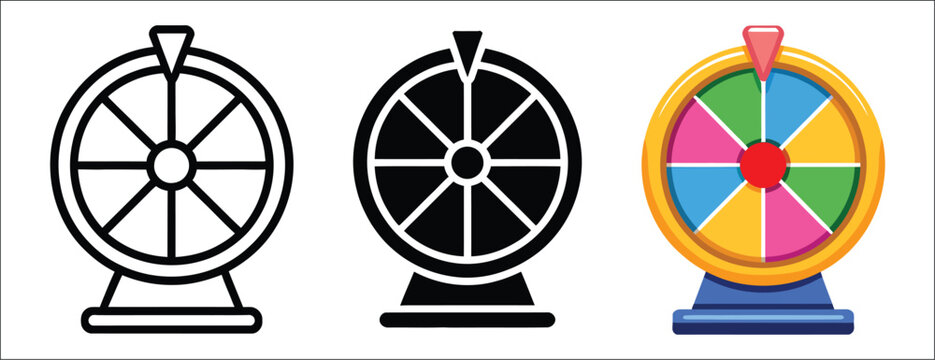 Lucky wheel prize draw vector icons with spinning wheel concept, gaming rewards, random selection symbols, fortune spinner, giveaway promotion, casino luck and winning vector illustration design conce