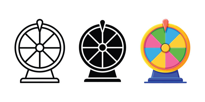 Lucky wheel prize draw vector icons with spinning wheel concept, gaming rewards, random selection symbols, fortune spinner, giveaway promotion, casino luck and winning vector illustration design conce