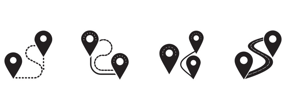 map pointer icons with different route lines on white background for navigation and location concepts  travel and direction symbols