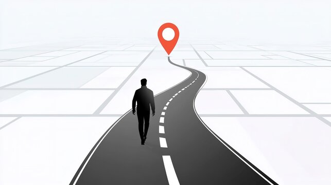 Minimal geometric graphic of back view person walking on winding road with broken white lines, distant red GPS marker as destination endpoint, subtle grey map grid on white plane, clean minimalist com
