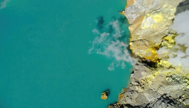 Top down view of turquoise lake and rocky crater.