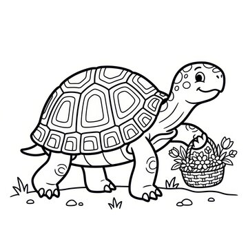 Cute cartoon turtle with flower basket coloring page