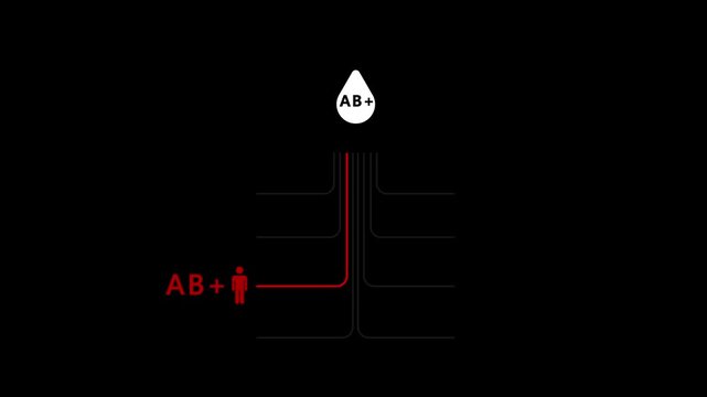 All eight recipient lines are black, indicating a connection, but the line to the AB+ recipient is red, emphasizing that this is the primary blood type being shown.