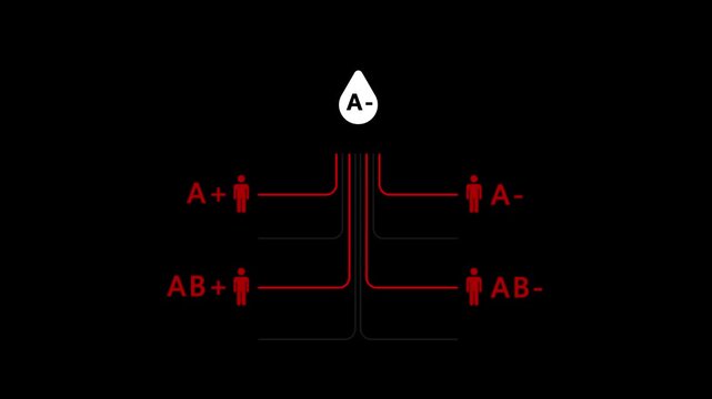 A blood bag labeled A- is at the top (the donor). Lines lead to eight different recipient icons representing all major blood types.