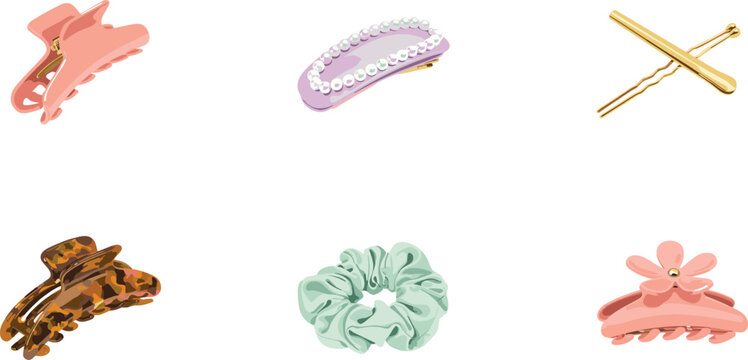 Women hair accessories vector icons set with claw clips scrunchie pearl barrette bobby pins isolated on white background