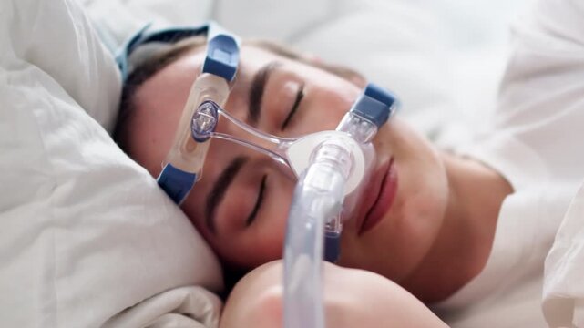 Woman Lying In Bed Wearing CPAP Mask