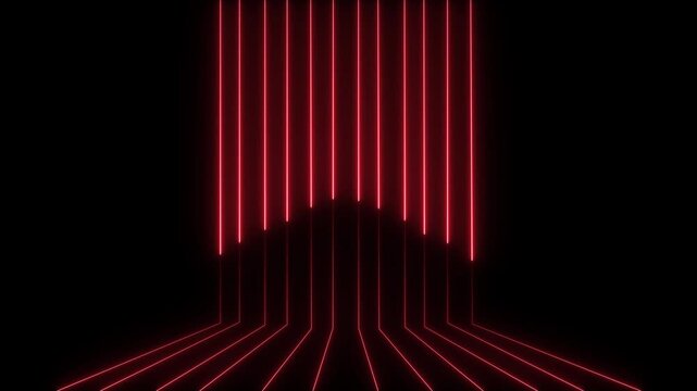 Dynamic red neon light lines moving in a seamless abstract loop, glowing laser beams creating a futuristic cyberpunk background, for digital presentations, motion and high-tech, visual projects