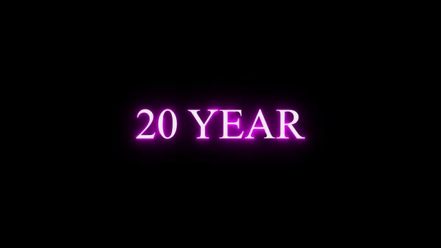 Glowing pink neon text 20-year sign on isolated black background