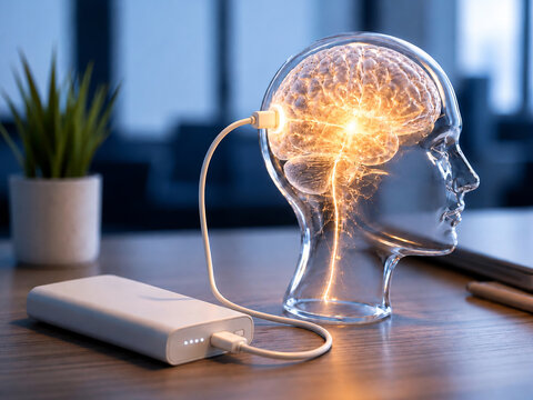Power Bank Charging Human Brain as Productivity and Mental Energy Concept