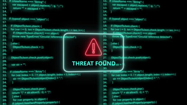 Cybersecurity alert system displaying threat found warning notification over scrolling computer programming source code background, for digital data, protection and network, security breach analysis