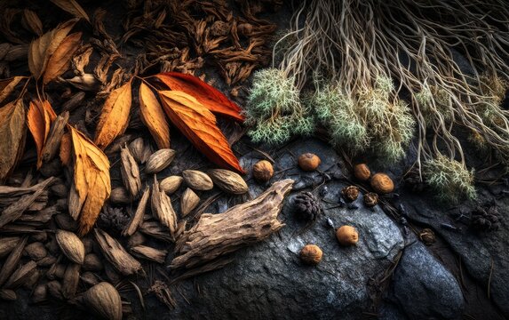 Dense Botanical Arrangement of Lenga Leaves and Natural Elements in Patagonia