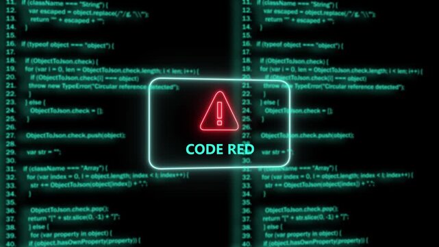 Cybersecurity alert concept featuring a glowing red warning symbol and code red text overlaying scrolling digital software source code background, for advanced network, protection and data breach