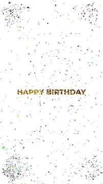explosion of multicolored symbols and confetti combined with a HAPPY BIRTHDAY text that grows and scales dynamically on screen