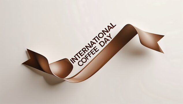 International coffee day celebration with brown ribbon on beige background