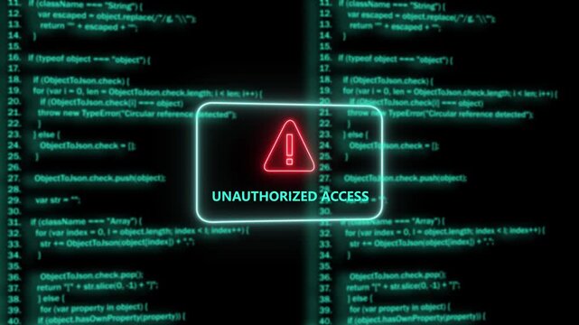Cybersecurity warning concept featuring unauthorized access error message displayed over glowing blue programming code lines on a dark digital background, for advanced network, protection and data