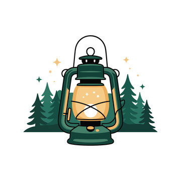 Vintage green camping lantern glowing in a pine forest at night with stars for outdoor adventure and wilderness exploration concept