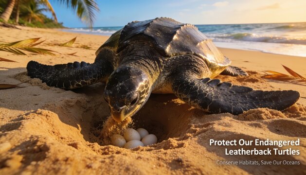 Leatherback turtle nesting on sunny beach with protected species information sign