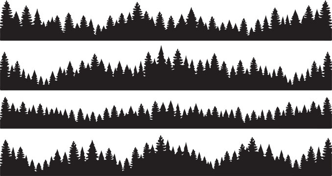 Black pine tree forest silhouettes, seamless border patterns, vector graphics, landscape elements