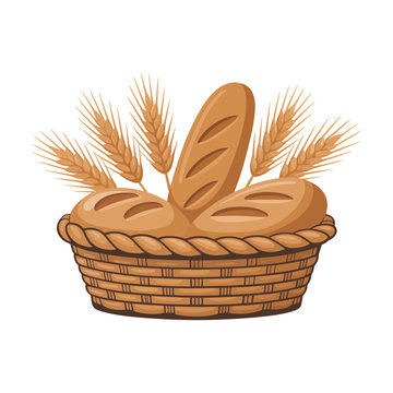 Freshly baked bread loaves in a woven wicker basket with golden wheat stalks for a rustic bakery concept or traditional homemade food