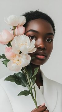 Beautiful black woman with perfect skin holding a bouquet of pink peonies, looking at camera and hiding half of her face behind the flowers on a white background