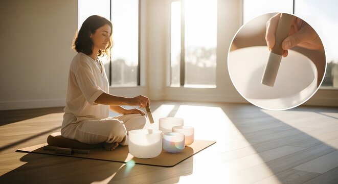 Woman playing crystal singing bowls in sunlit meditation room for sound healing therapy.