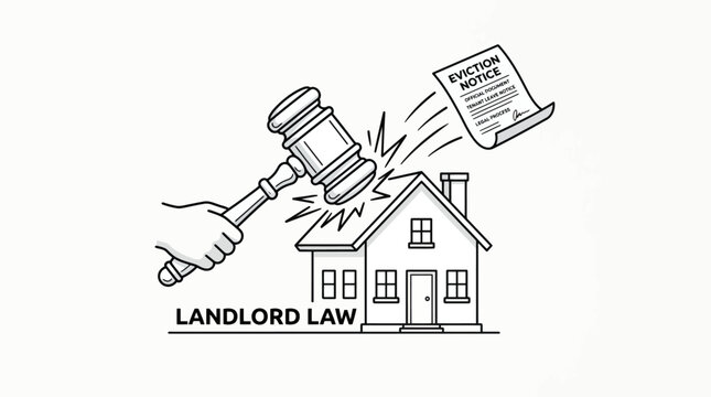 Landlord law concept with judge gavel striking house and eviction notice