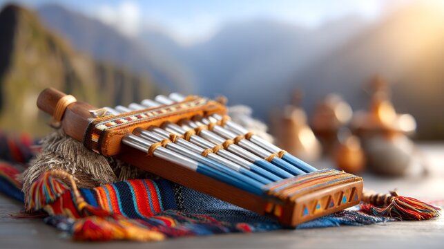 Vivid Traditional Andean Siku Pan Flute with Textiles in Scenic Background