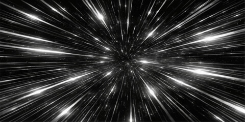 Abstract representation of warp speed or hyperdrive effect in outer space, with bright streaks of light converging at a central point, evoking a sense of fast motion and cosmic travel. © LumenCraft