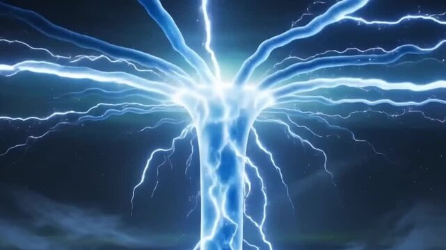 Unlike typical downward-striking lightning, this massive blue plasma erupts from the top of the thundercloud, reaching the ionosphere, and is shaped like a giant funnel or tentacle.