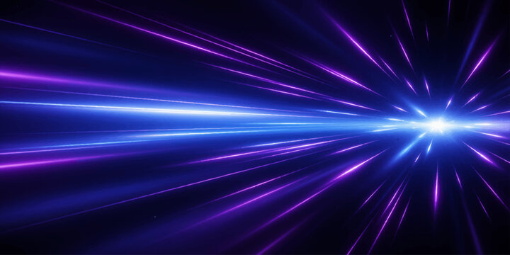 An abstract explosion of light streaks, radiating from a central bright point in a dynamic display of purple and blue energy, representing speed, technology, and motion.
