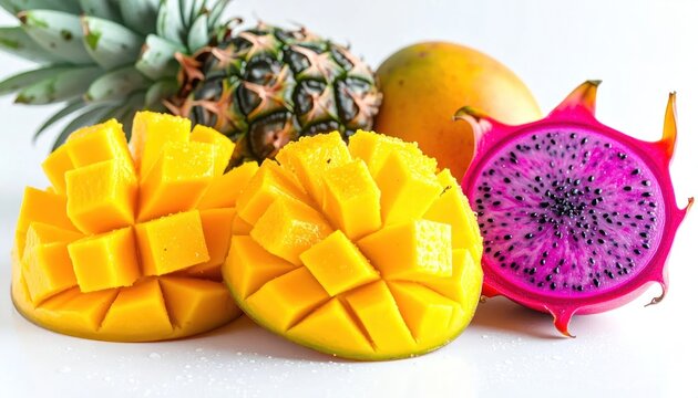 Whole pineapple with sliced dragon fruit and mango.