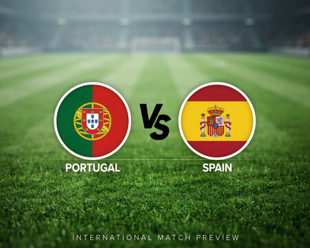 Portugal versus spain national soccer team flag icons displayed on a blurred green stadium grass field background for international match preview