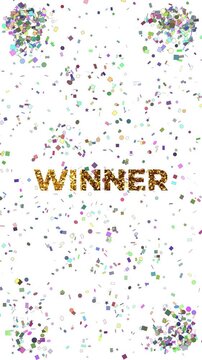 explosion of multicolored symbols and confetti combined with a WINNER text that grows and scales dynamically on screen