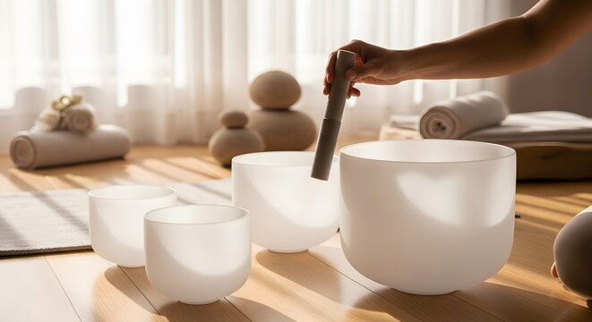 Person playing white crystal singing bowls for sound healing therapy in a bright room.
