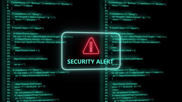 Cyber security alert warning sign flashing over digital computer programming code background, representing data breach, protection, network hacking, prevention, system error, notification, and online
