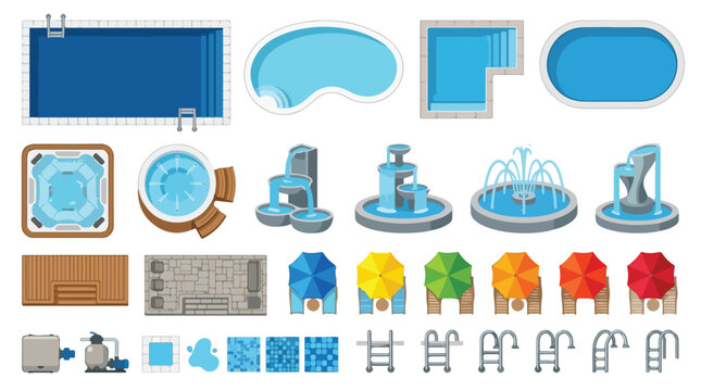 Swimming pool design elements set, top view backyard water features and fountains, flat vector icons for landscape architecture and garden planning