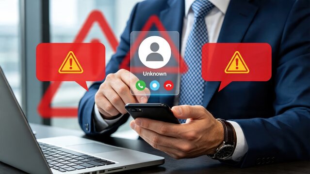 Businessman holding smartphone receiving unknown incoming call with red warning signs indicating fraud or spam