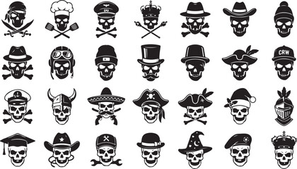 Naklejka premium Silhouette of 25 skulls isolated on transparent background