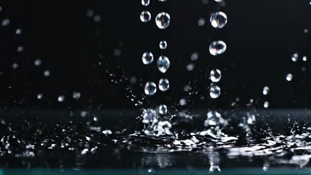 Close-up slow-motion of a water drop impacting a reflective surface, creating a beautiful crown splash and bouncing droplets against a stark black background
