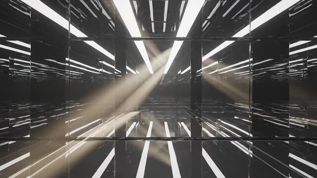 Futuristic endless mirror room with volumetric lights moving through a seamless vj loop, creating an abstract and immersive sci-fi tunnel perspective background
