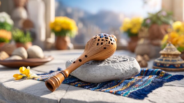 Traditional Armenian Duduk on Stone with Apricot Wood Detail and Background