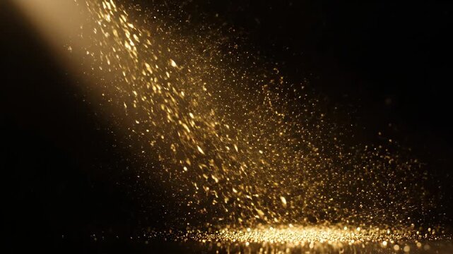 Golden glitter particles falling in a ray of light against a black background, creating a sparkling and magical effect for festive celebrations and elegant events