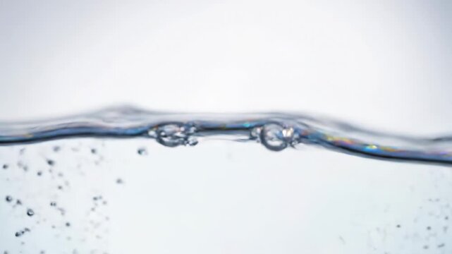 Clean water pouring into a glass, creating bubbles, splashes and waves on a white background. Slow motion macro shot of pure liquid making ripples and refreshing swirls