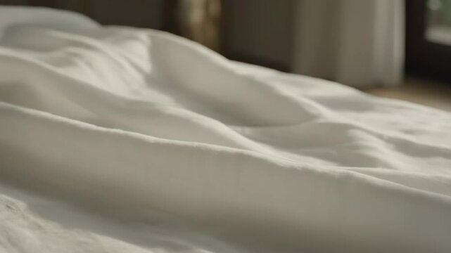 Close-up of a rumpled white bed sheet with soft morning sunlight creating gentle shadows, cozy and comfortable bedroom interior with fresh clean linen and bedding