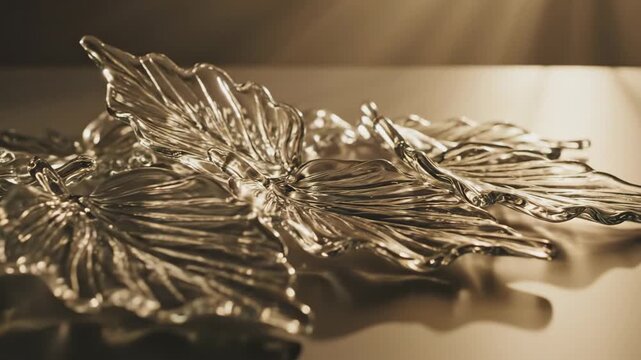 Elegant warm toned glass leaves slowly moving with beautiful sun rays and shadows, creating a sophisticated and luxurious background for any home decor or art project