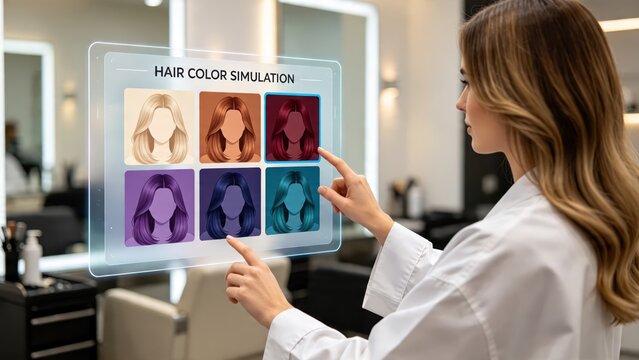 Woman selecting hair color on futuristic holographic interface, virtual reality beauty salon technology concept, digital makeover simulation app screen