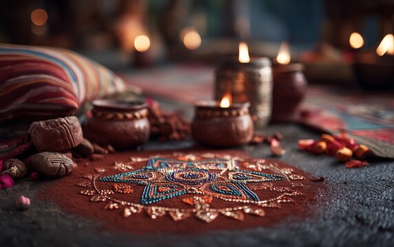 Vibrant Haitian Vodou Ceremony Altar with Candles and Ritual Elements