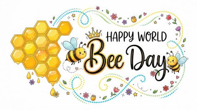 Celebrating honeybee day watercolor illustration with honeycomb bees and floral decorations for awareness campaigns