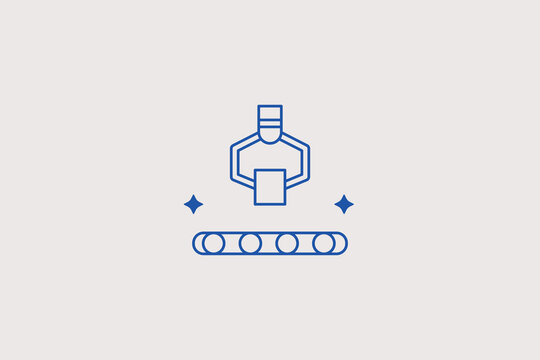 Robotic grabber crane on conveyor line icon for automation. Vector illustration for factory logistics, manufacturing plant, assembly service.