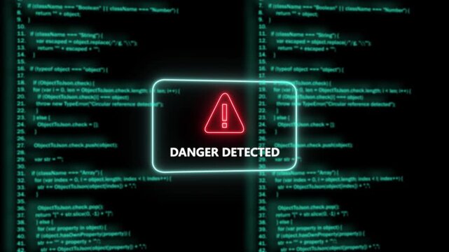 Cybersecurity danger detected warning sign flashing over scrolling computer programming code background, for digital data, breach, network security, threat, system error, and software hacking alert